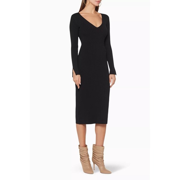 Jonathan Simkhai V-Neck Ribbed Stretchy Black Midi Dress Long Sleeve Cocktail - Picture 2 of 16